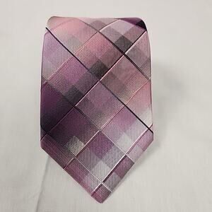 100% Silk Merona NeckTie Pink Purple Plaid Squares Men's Classic 3.25" 60" Long